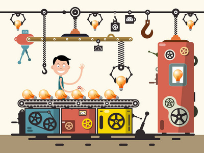 工業(yè)輪胎配件設(shè)備輸送機(jī)平面卡通矢量插圖中的人物性格工作工廠輸送機(jī)